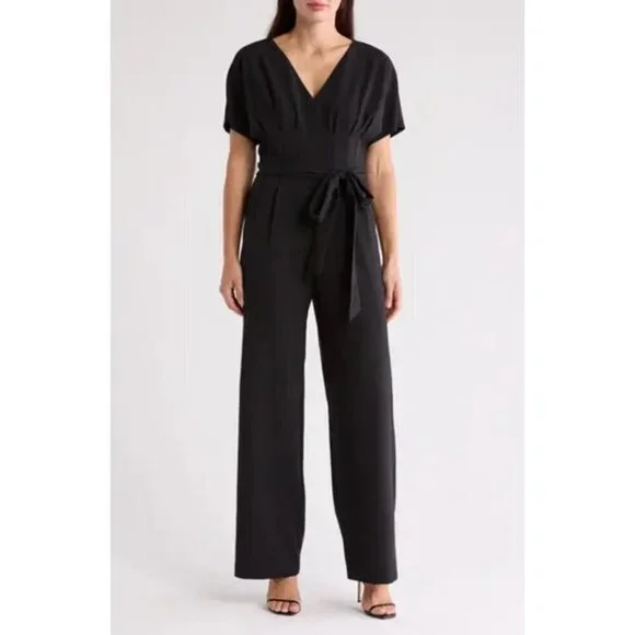 NWT ELIZA J Pleated Jumpsuit Pockets Tie Belt Black 6 - Picture 1 of 5